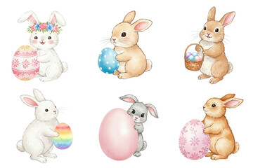 Naklejka premium Charming Easter Bunny Illustration Set with Colorful Eggs and Basket of Treats