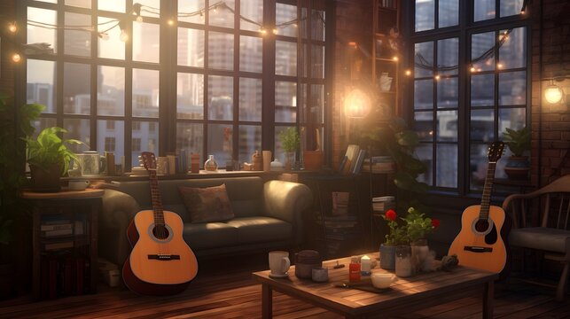 Cozy and Inviting Home Interior with Smart LED Lighting System Syncing Dynamically to a Personalized Music Playlist for a Relaxing and Immersive Ambiance