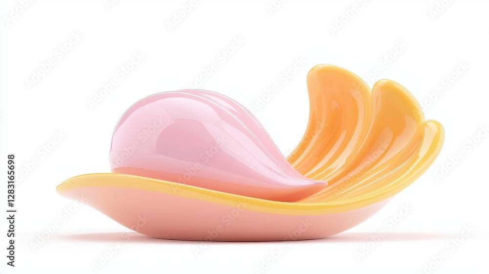 Poster glossy pink and yellow shell-like structure with smooth texture and organic shape on white backgroun