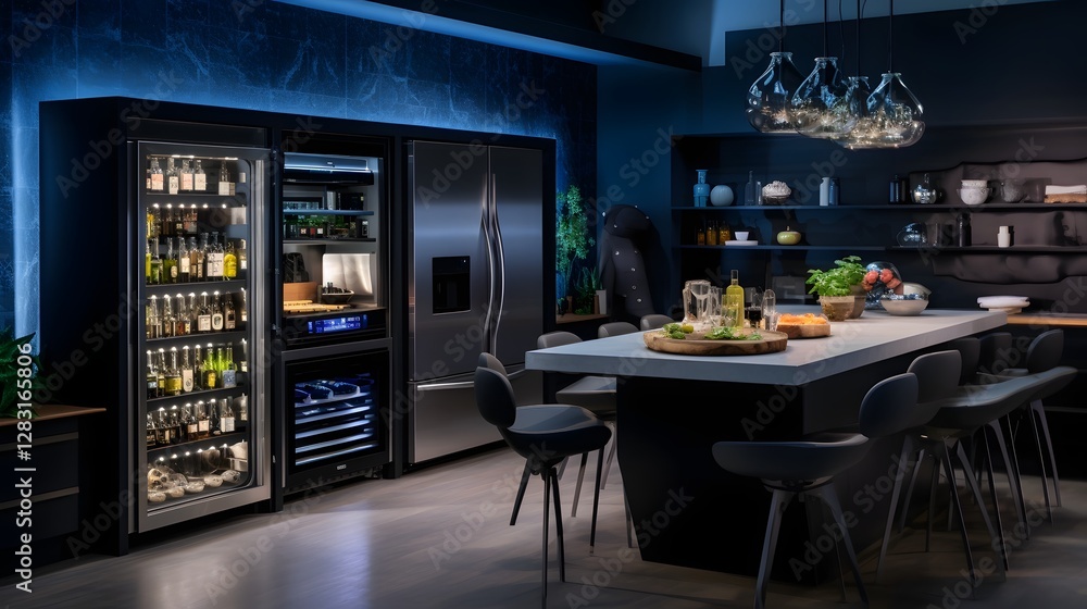 Poster sleek and modern home bar with automated cocktail making smart device for effortless entertaining an