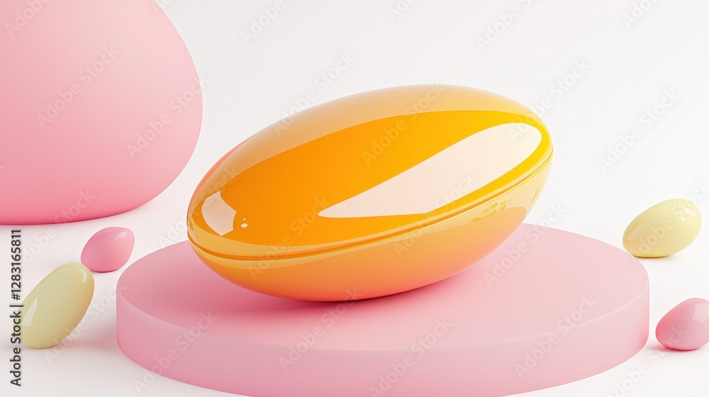 Poster glossy yellow egg-shaped object on pink background surrounded by colorful ovals and soft shapes