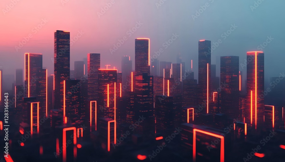 Poster futuristic city skyline illuminated with neon lights during twilight, creating a mesmerizing view.