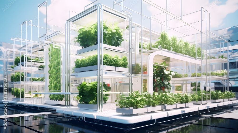 Poster advanced futuristic smart urban farm utilizing ai controlled irrigation systems and automated plant 