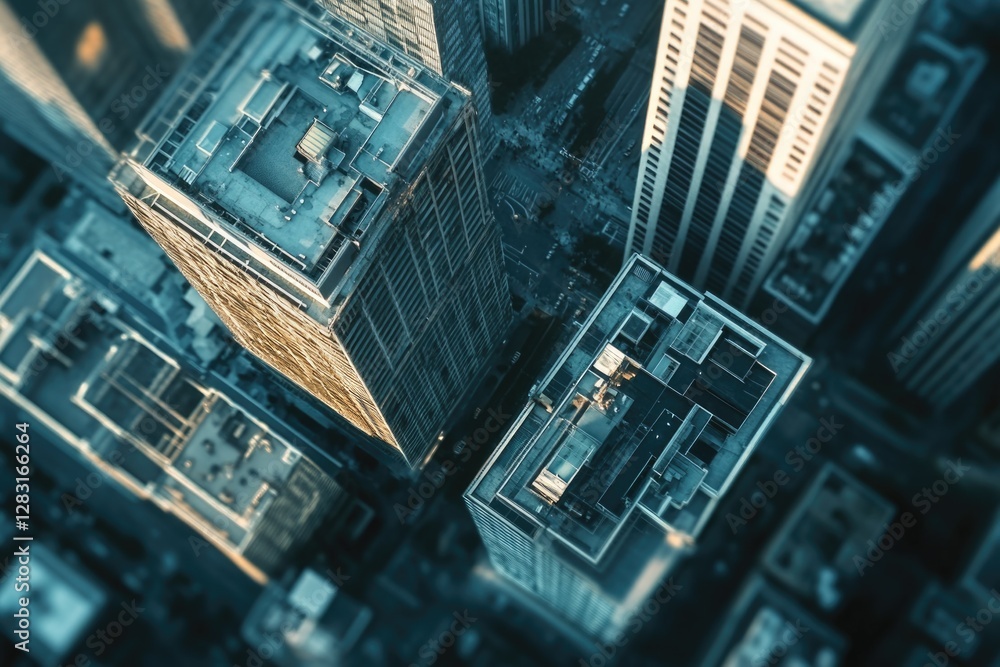 Poster panoramic view of a city's skyline from the top of a building, ideal for use in urban development or