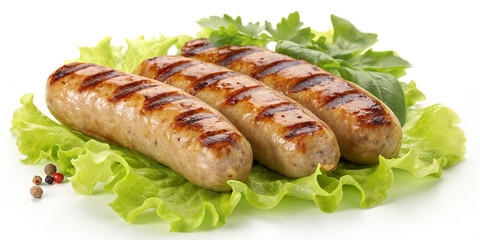 Grilled Pork Sausages with Lettuce Isolated on a White Background for Tasty Dishes