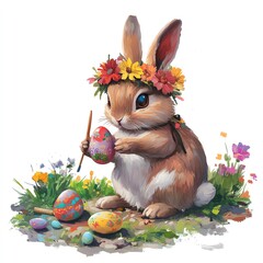A cute rabbit adorned with flowers, painting colorful Easter eggs in a vibrant garden.