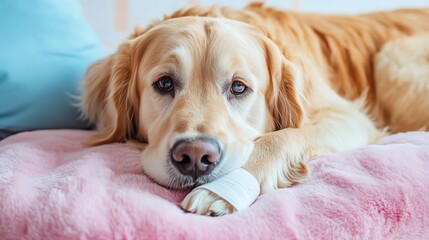 Comforting golden retriever recovering at home.