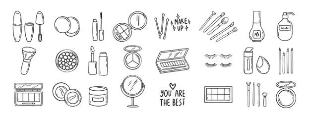 make up beauty doodle hand drawn icon set. Outline drawing cosmetics line clipart symbol