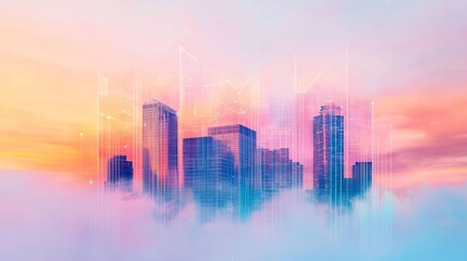 Modern skyscrapers emerge from vibrant mist at sunrise, symbolizing innovation and growth.