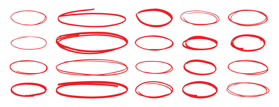 red pen hand drawn doodle marks, red circle and oval stroke set. Outline red drawing line clipart symbol