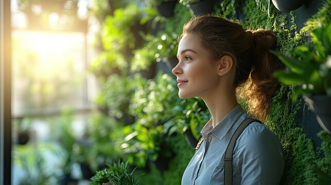 Green sustainable office space with employee rush promoting ESG standards, corporate sustainability, eco-friendly office practices, renewable energy, and green business solutions.