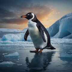 Obraz premium A cinematic-style digital painting of a penguin, with dramatic lighting and a grand icy landscape behind it.