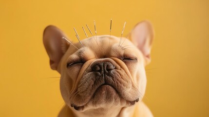 Relaxed dog with acupuncture needles on head.