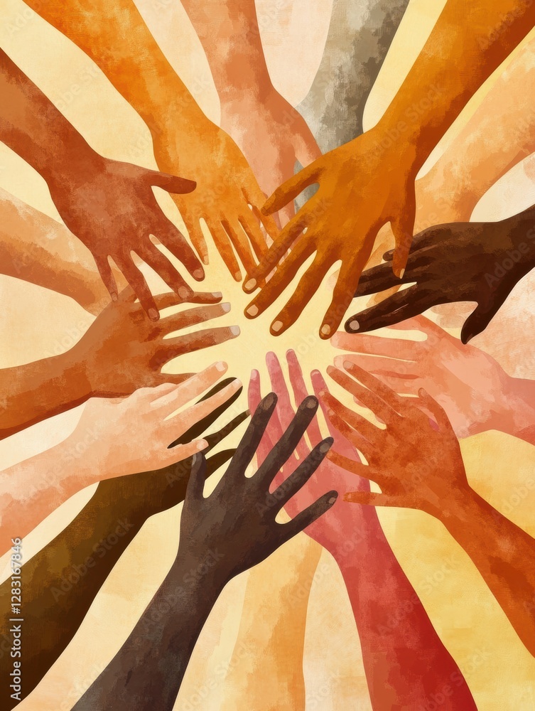 Aufkleber Unity and support through interconnected hands representing diverse skin tones in a harmonious display of togetherness. Generative AI