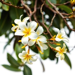 Naklejka premium Delicate white plumeria blossoms bloom on a branch