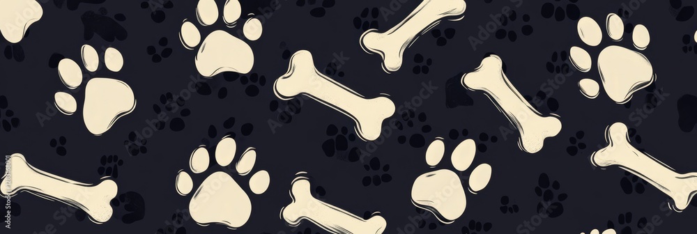 Poster seamless repeating pattern of paw prints and bones on dark background