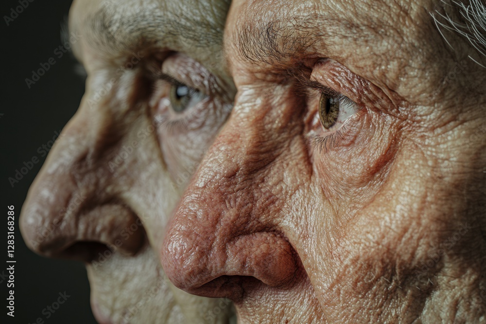 Poster transformation of an aged face to a youthful appearance showcasing the contrast of time and beauty. 