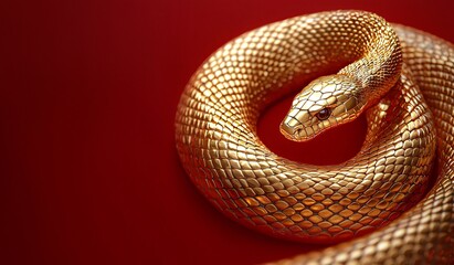 Fototapeta premium Majestic gold snake on vibrant red. Hyperrealistic, powerful, alluring. Ideal for Chinese New Year, luxury branding, finance, games, banners, social media. Copy space.