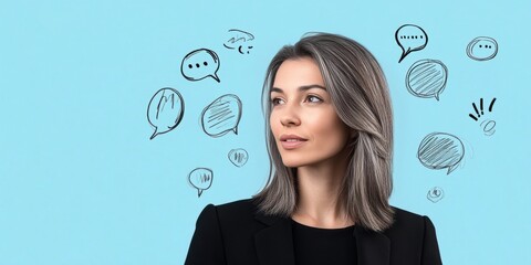 A thoughtful woman in a professional setting, surrounded by speech bubbles. Ideal for concepts like communication, ideas, and business discussions.