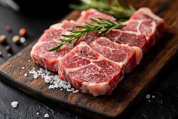 Fototapeta premium Thick raw beef slices for fresh prime steak on cutting board on table with salt and herbs