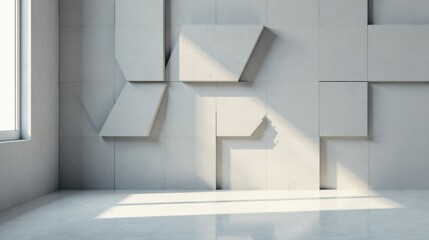 Obraz premium Modern Minimalist Room Interior Design Featuring a Textured Wall with Geometric Shapes and Natural Sunlight