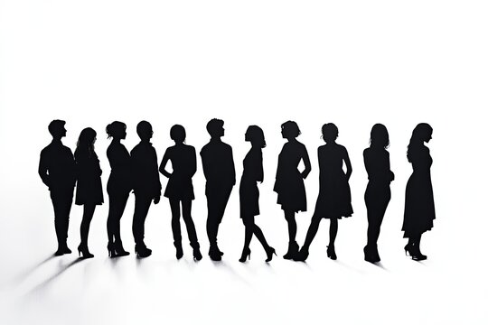 Silhouette of diverse group standing in a row on a white background