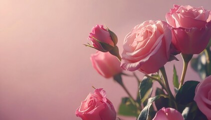 Beautiful pink roses on a pastel background with space for text A Valentine's Day banner.