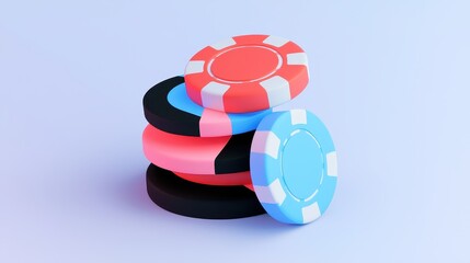 Colorful Stack of Poker Chips in Red, Black, Blue, and Pink on a Soft Background for Gaming and Casino Themes