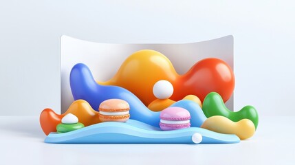 Colorful Macarons Displayed on Isolated White Background with Abstract Shapes and Design Elements