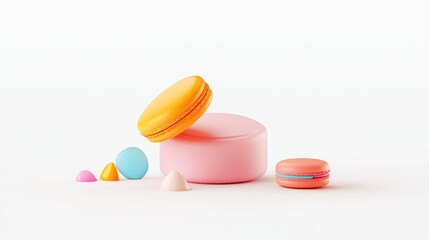 Obraz premium Colorful Macarons and Small Tin on White Background with Vibrant Shapes and Isolated Elements