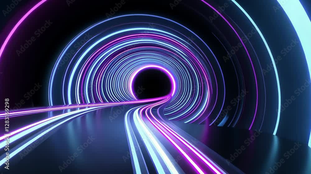 Poster futuristic neon tunnel with glowing blue and pink lights vibrant journey through curved lines and re