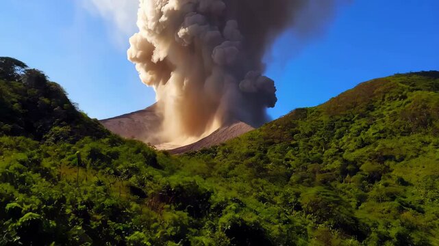 Large volcano erupts with thick smoke rising into the sky, surrounded by green mountains. Concept of natural power and destruction
