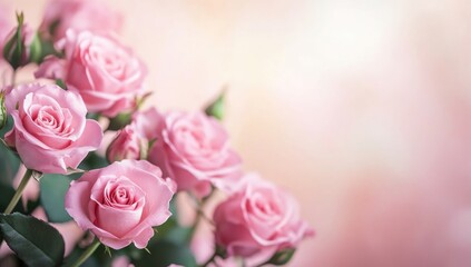 Fototapeta premium Beautiful pink roses on a pastel background with space for text A Valentine's Day banner.