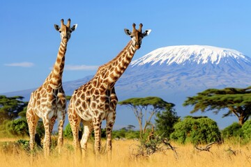 Obraz premium Three giraffe on Kilimanjaro mount background in National park of Kenya, Africa