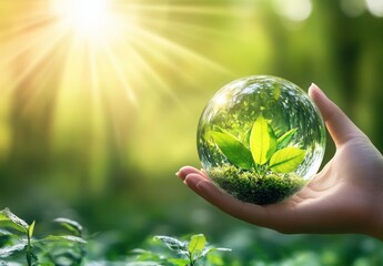 Green planet and clean energy system concept: blurred background with green plant elements inside crystal ball. Suitable for environment and sustainable energy promotion, CSR reporting.
