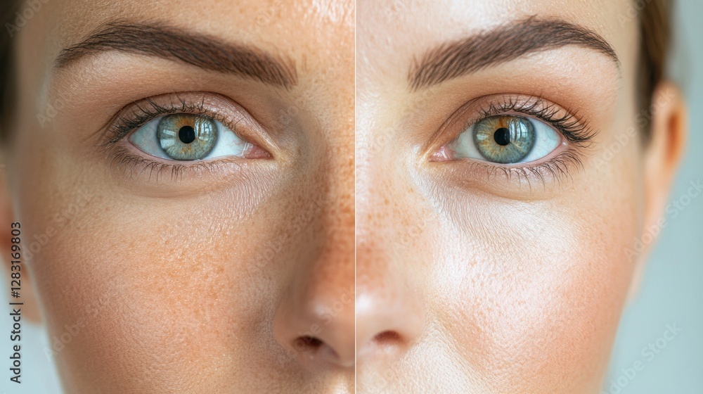 Poster Comparison of skin texture showing wrinkles on one side and smooth complexion on the other side highlighting aging effects. Generative AI