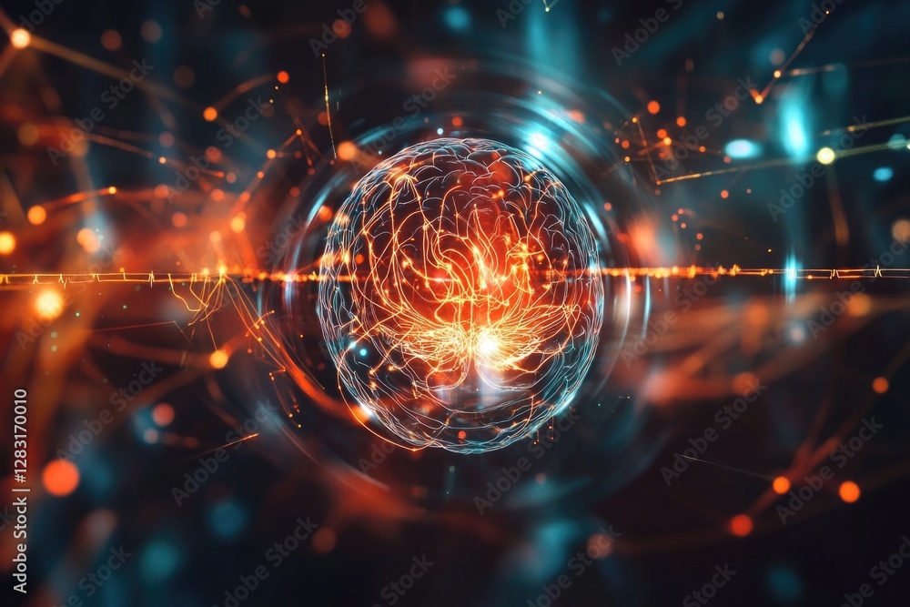 Poster an abstract image of a sphere with a glowing center surrounded by intricate lines and dots, suitable