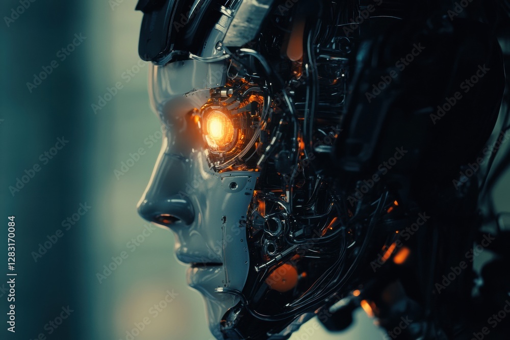 Fototapete side profile showcasing a futuristic human head with mechanical structures and a glowing robotic eye