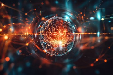 Obraz premium An abstract image of a sphere with a glowing center surrounded by intricate lines and dots, suitable for use in scientific or technological illustrations