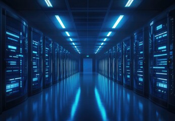 Fototapeta premium Modern server room with rows of illuminated data center machines in dark blue lighting.