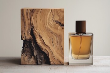 A refined glass perfume bottle with amber liquid stands beside a richly textured cedarwood block, showcasing intricate wood grain patterns and deep natural tones.