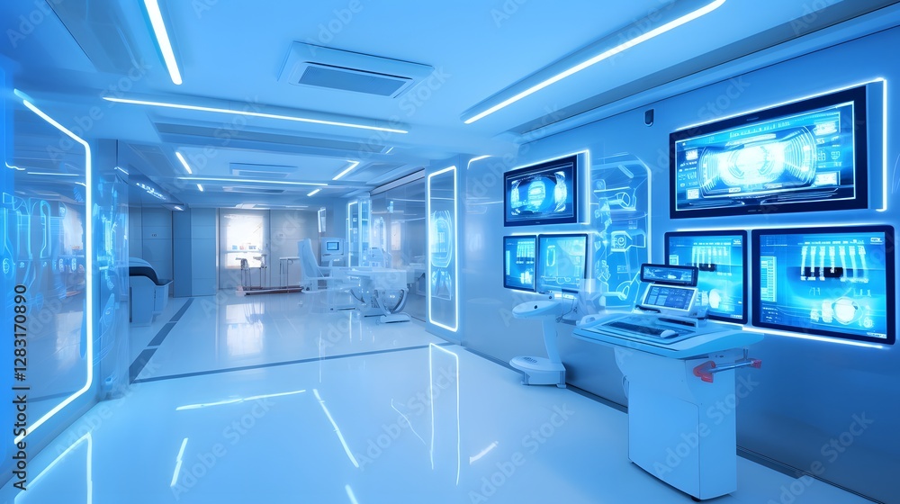 Poster futuristic emergency room with advanced ai powered triage system efficiently directing patients base