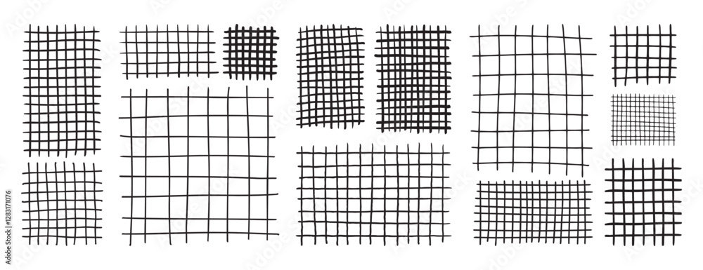 Poster doodle hand drawn grids for notes. square grid and striped pattern. geometric plaid pattern with pen