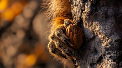 Obraz premium Close-up of a lion's paw gripping a textured tree bark, with warm autumn colors in the background