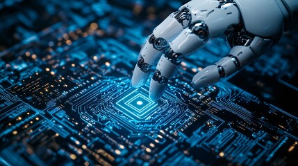 Robotic Hand Interacting with Futuristic Circuit Board Technology