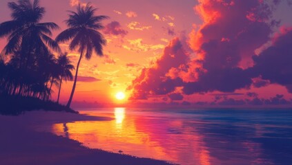 Beautiful sunset on the tropical beach with palm trees. Vibrant colorful sky.