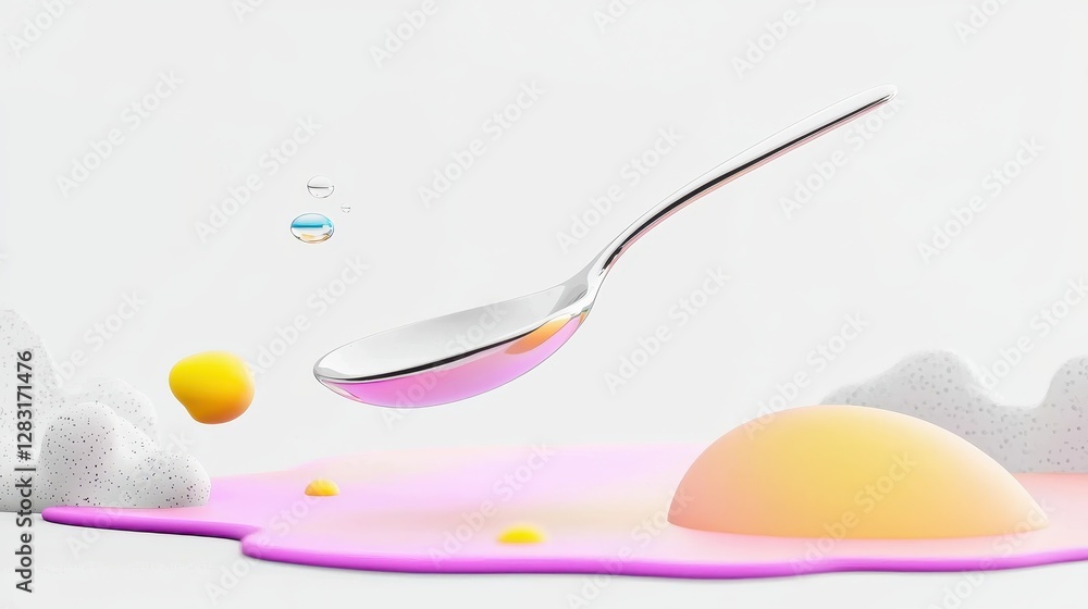 Poster polished silver spoon floating above colorful liquid surface with sparkling elements and soft clouds