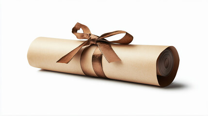 Academic achievements diploma scroll certificate awarded after successful graduation with ribbon isolated on white background. Diploma scroll roll award with ribbon