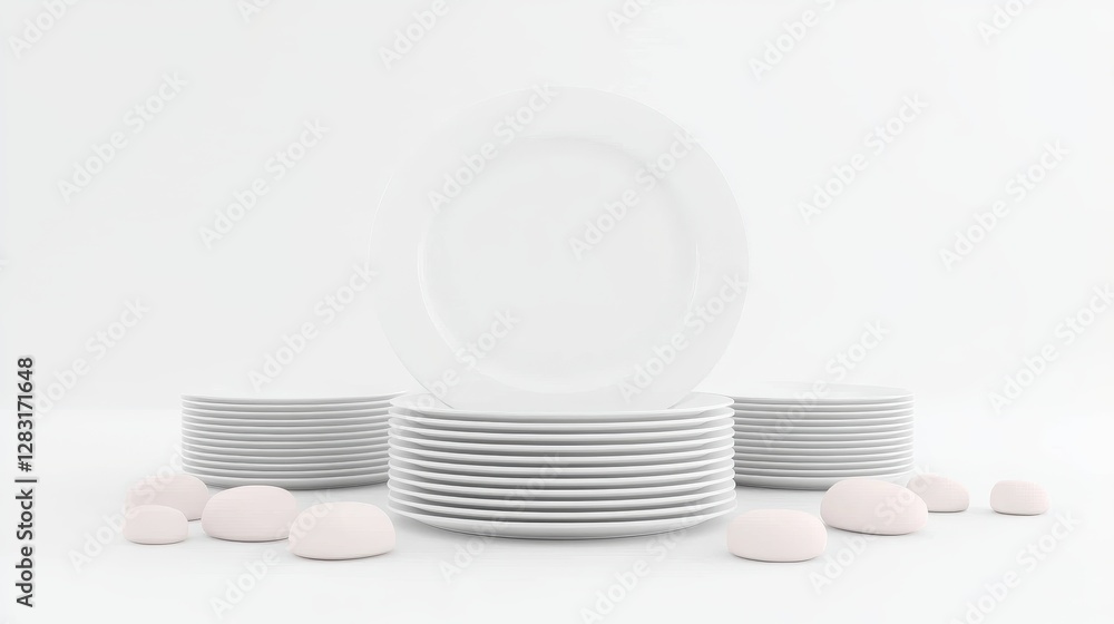 Aufkleber neatly arranged clean white plates on bright surface with soft shadows and minimalistic aesthetic