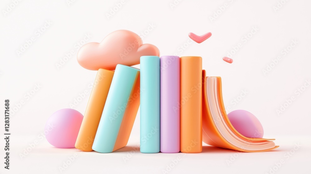 Aufkleber stack of colorful hardcover books with decorative elements and playful shapes on a light background